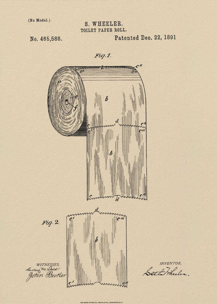 A framed vintage patent illustration for S. Wheeler's toilet paper roll, dated December 22, 1891. The drawing, in black ink on beige paper, shows a detailed diagram of a perforated toilet paper roll and a single sheet, complete with inventor and witness signatures. Wall Art
