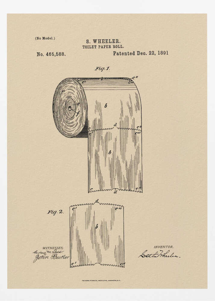 A framed vintage patent illustration for S. Wheeler's toilet paper roll, dated December 22, 1891. The drawing, in black ink on beige paper, shows a detailed diagram of a perforated toilet paper roll and a single sheet, complete with inventor and witness signatures. Wall Art