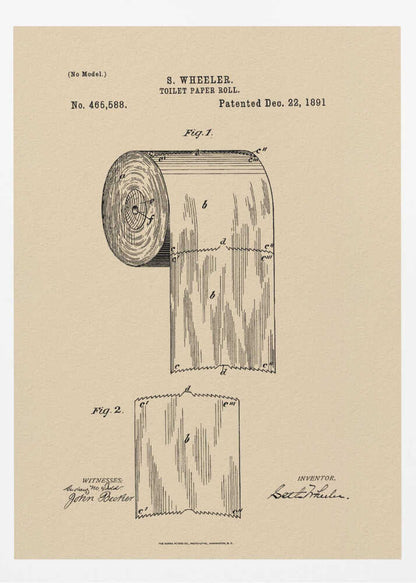 A framed vintage patent illustration for S. Wheeler's toilet paper roll, dated December 22, 1891. The drawing, in black ink on beige paper, shows a detailed diagram of a perforated toilet paper roll and a single sheet, complete with inventor and witness signatures. Wall Art
