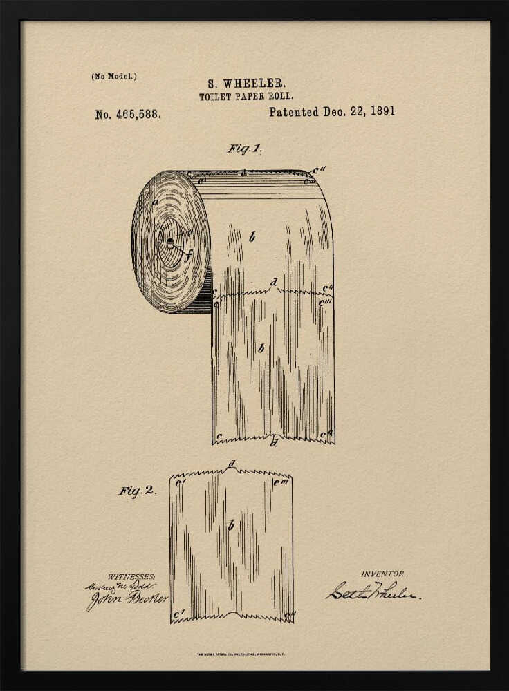 A framed vintage patent illustration for S. Wheeler's toilet paper roll, dated December 22, 1891. The drawing, in black ink on beige paper, shows a detailed diagram of a perforated toilet paper roll and a single sheet, complete with inventor and witness signatures. Wall Art