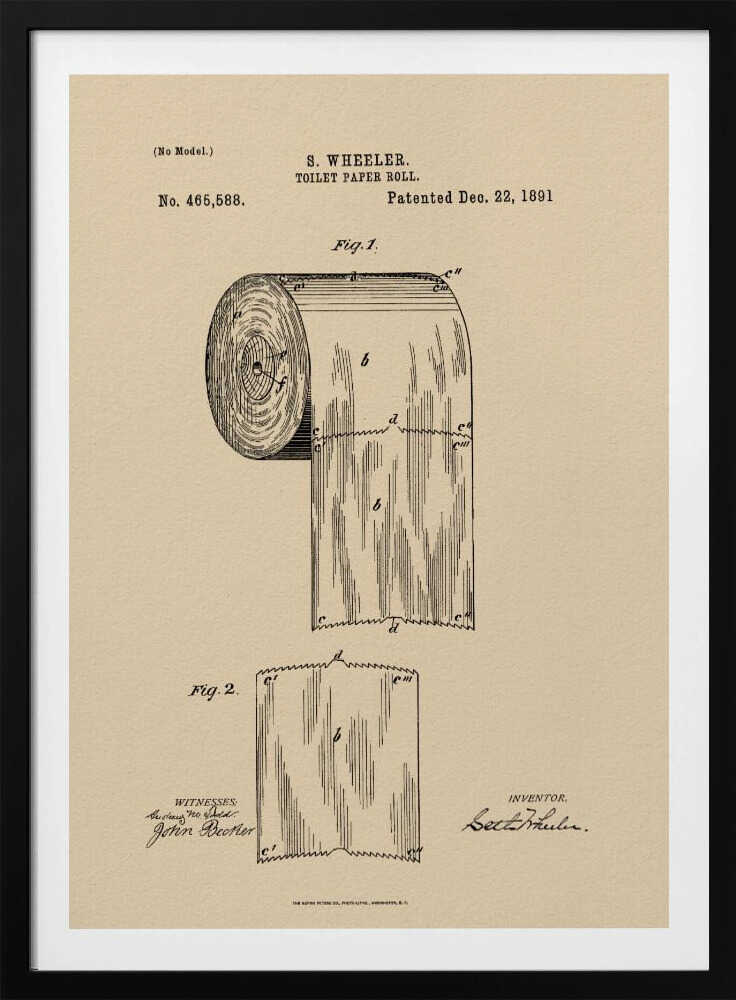 A framed vintage patent illustration for S. Wheeler's toilet paper roll, dated December 22, 1891. The drawing, in black ink on beige paper, shows a detailed diagram of a perforated toilet paper roll and a single sheet, complete with inventor and witness signatures. Wall Art