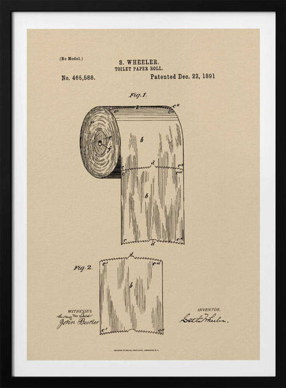 A framed vintage patent illustration for S. Wheeler's toilet paper roll, dated December 22, 1891. The drawing, in black ink on beige paper, shows a detailed diagram of a perforated toilet paper roll and a single sheet, complete with inventor and witness signatures. Wall Art