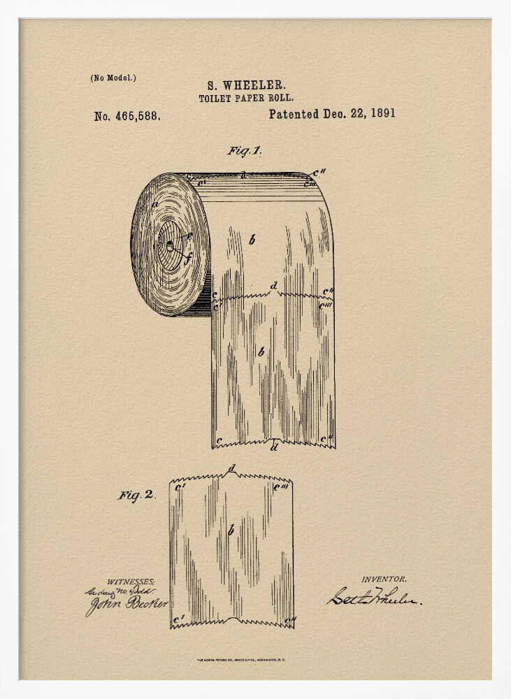 A framed vintage patent illustration for S. Wheeler's toilet paper roll, dated December 22, 1891. The drawing, in black ink on beige paper, shows a detailed diagram of a perforated toilet paper roll and a single sheet, complete with inventor and witness signatures. Wall Art
