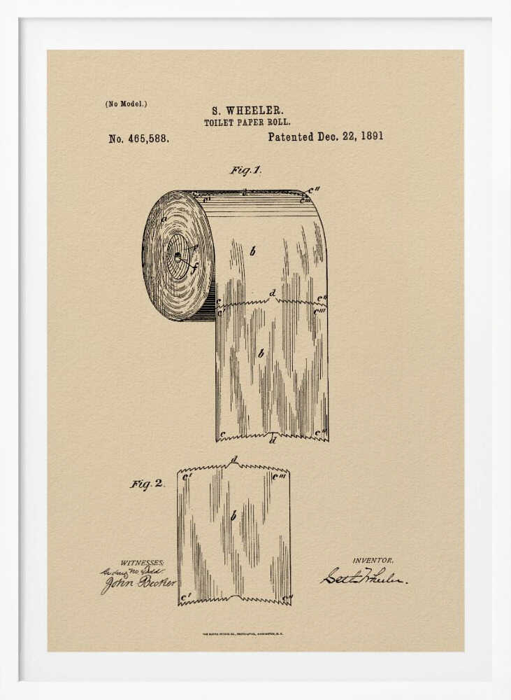 A framed vintage patent illustration for S. Wheeler's toilet paper roll, dated December 22, 1891. The drawing, in black ink on beige paper, shows a detailed diagram of a perforated toilet paper roll and a single sheet, complete with inventor and witness signatures. Wall Art