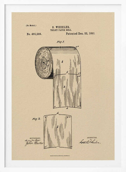 A framed vintage patent illustration for S. Wheeler's toilet paper roll, dated December 22, 1891. The drawing, in black ink on beige paper, shows a detailed diagram of a perforated toilet paper roll and a single sheet, complete with inventor and witness signatures. Wall Art