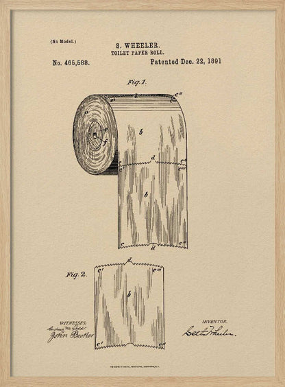 A framed vintage patent illustration for S. Wheeler's toilet paper roll, dated December 22, 1891. The drawing, in black ink on beige paper, shows a detailed diagram of a perforated toilet paper roll and a single sheet, complete with inventor and witness signatures. Wall Art