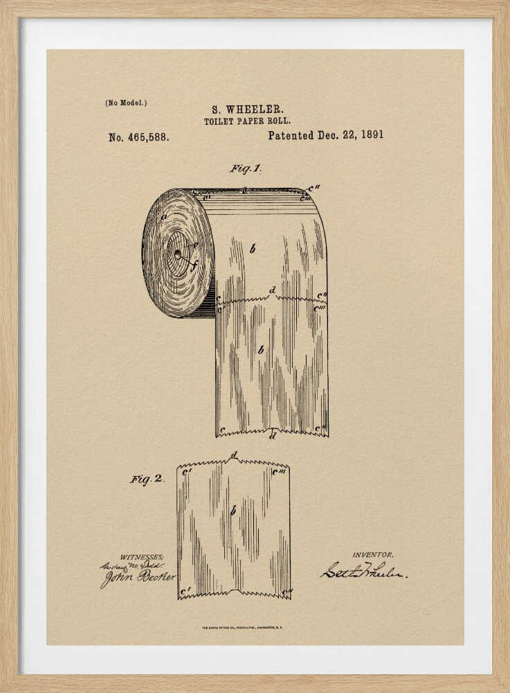 A framed vintage patent illustration for S. Wheeler's toilet paper roll, dated December 22, 1891. The drawing, in black ink on beige paper, shows a detailed diagram of a perforated toilet paper roll and a single sheet, complete with inventor and witness signatures. Wall Art