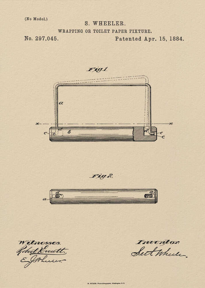 A framed vintage patent document for a 'Wrapping or Toilet Paper Fixture' by S. Wheeler, dated April 15, 1884. The document is printed on aged, beige paper and features technical diagrams, official text, and signatures of the inventor and witnesses, all enclosed in a simple black frame. Decor