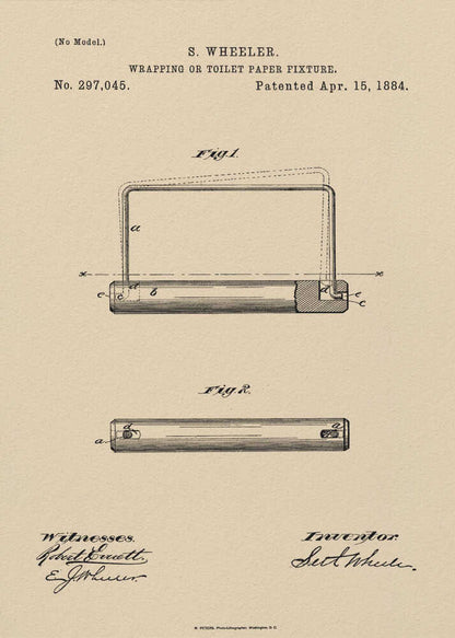 A framed vintage patent document for a 'Wrapping or Toilet Paper Fixture' by S. Wheeler, dated April 15, 1884. The document is printed on aged, beige paper and features technical diagrams, official text, and signatures of the inventor and witnesses, all enclosed in a simple black frame. Decor