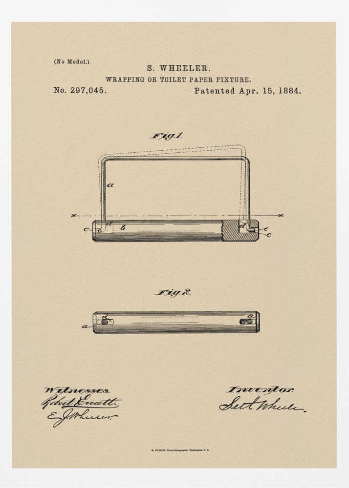 A framed vintage patent document for a 'Wrapping or Toilet Paper Fixture' by S. Wheeler, dated April 15, 1884. The document is printed on aged, beige paper and features technical diagrams, official text, and signatures of the inventor and witnesses, all enclosed in a simple black frame. Decor