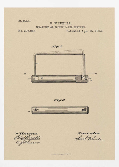 A framed vintage patent document for a 'Wrapping or Toilet Paper Fixture' by S. Wheeler, dated April 15, 1884. The document is printed on aged, beige paper and features technical diagrams, official text, and signatures of the inventor and witnesses, all enclosed in a simple black frame. Decor