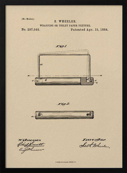 A framed vintage patent document for a 'Wrapping or Toilet Paper Fixture' by S. Wheeler, dated April 15, 1884. The document is printed on aged, beige paper and features technical diagrams, official text, and signatures of the inventor and witnesses, all enclosed in a simple black frame. Decor