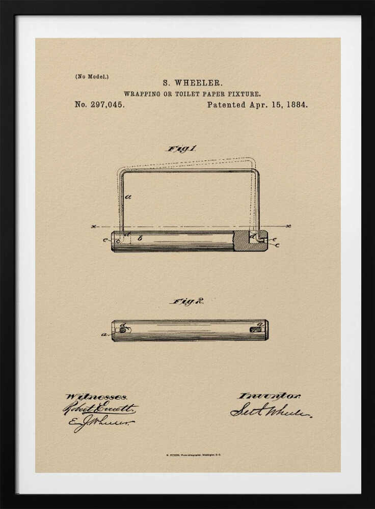 A framed vintage patent document for a 'Wrapping or Toilet Paper Fixture' by S. Wheeler, dated April 15, 1884. The document is printed on aged, beige paper and features technical diagrams, official text, and signatures of the inventor and witnesses, all enclosed in a simple black frame. Decor