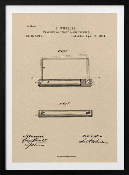 A framed vintage patent document for a 'Wrapping or Toilet Paper Fixture' by S. Wheeler, dated April 15, 1884. The document is printed on aged, beige paper and features technical diagrams, official text, and signatures of the inventor and witnesses, all enclosed in a simple black frame. Decor
