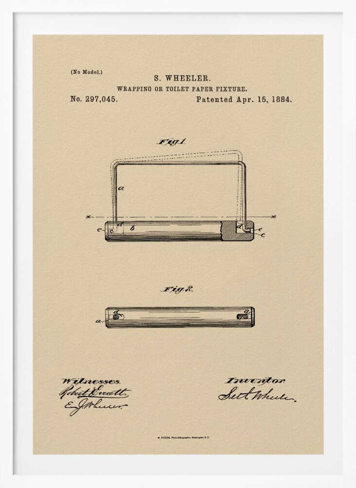 A framed vintage patent document for a 'Wrapping or Toilet Paper Fixture' by S. Wheeler, dated April 15, 1884. The document is printed on aged, beige paper and features technical diagrams, official text, and signatures of the inventor and witnesses, all enclosed in a simple black frame. Decor