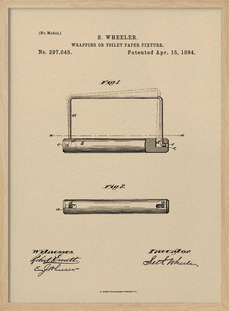 A framed vintage patent document for a 'Wrapping or Toilet Paper Fixture' by S. Wheeler, dated April 15, 1884. The document is printed on aged, beige paper and features technical diagrams, official text, and signatures of the inventor and witnesses, all enclosed in a simple black frame. Decor