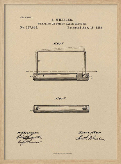 A framed vintage patent document for a 'Wrapping or Toilet Paper Fixture' by S. Wheeler, dated April 15, 1884. The document is printed on aged, beige paper and features technical diagrams, official text, and signatures of the inventor and witnesses, all enclosed in a simple black frame. Decor