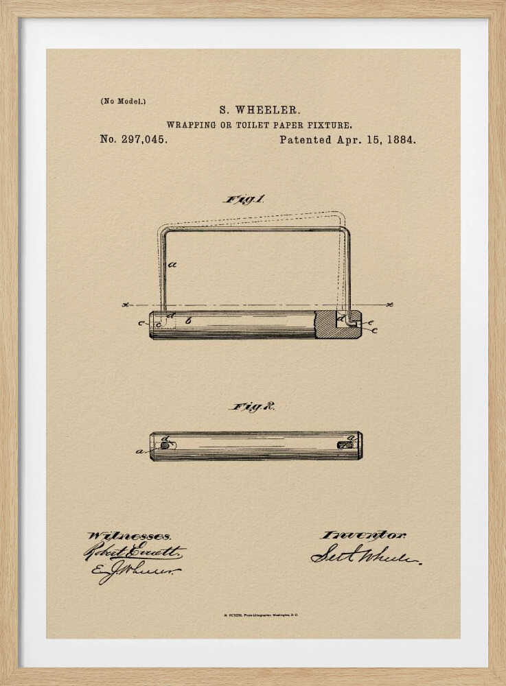 A framed vintage patent document for a 'Wrapping or Toilet Paper Fixture' by S. Wheeler, dated April 15, 1884. The document is printed on aged, beige paper and features technical diagrams, official text, and signatures of the inventor and witnesses, all enclosed in a simple black frame. Decor
