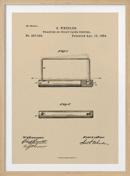 A framed vintage patent document for a 'Wrapping or Toilet Paper Fixture' by S. Wheeler, dated April 15, 1884. The document is printed on aged, beige paper and features technical diagrams, official text, and signatures of the inventor and witnesses, all enclosed in a simple black frame. Decor