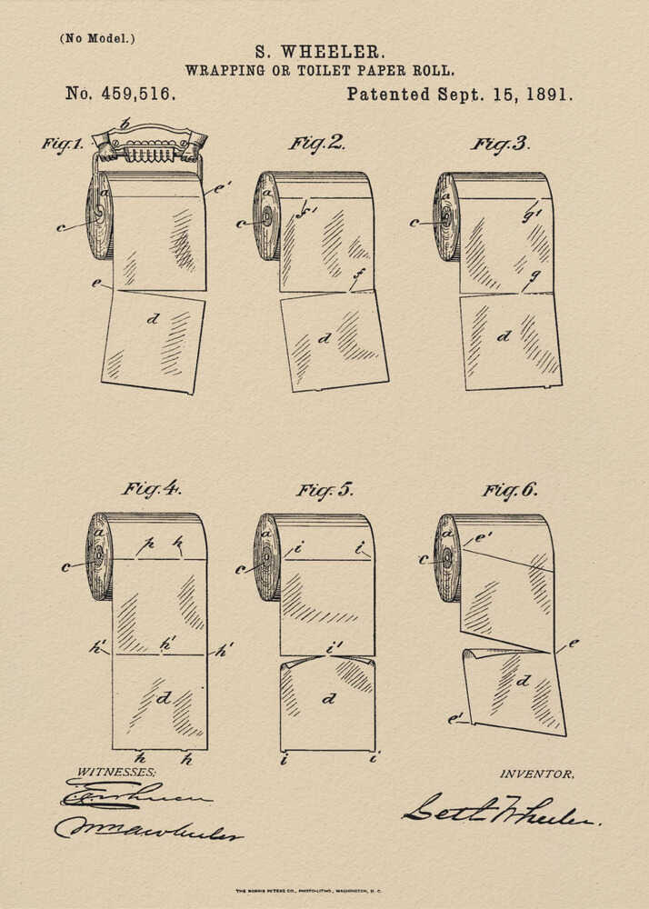 A framed vintage patent illustration from 1891 for S. Wheeler's 'Wrapping or Toilet Paper Roll'. The artwork displays six technical figures of the toilet paper roll on an aged paper background, complete with patent numbers, dates, and signatures. Decor