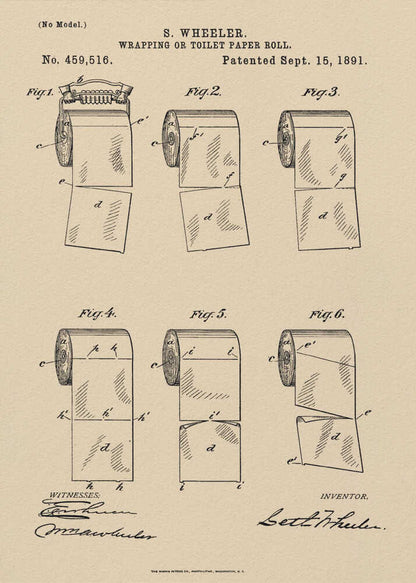 A framed vintage patent illustration from 1891 for S. Wheeler's 'Wrapping or Toilet Paper Roll'. The artwork displays six technical figures of the toilet paper roll on an aged paper background, complete with patent numbers, dates, and signatures. Decor