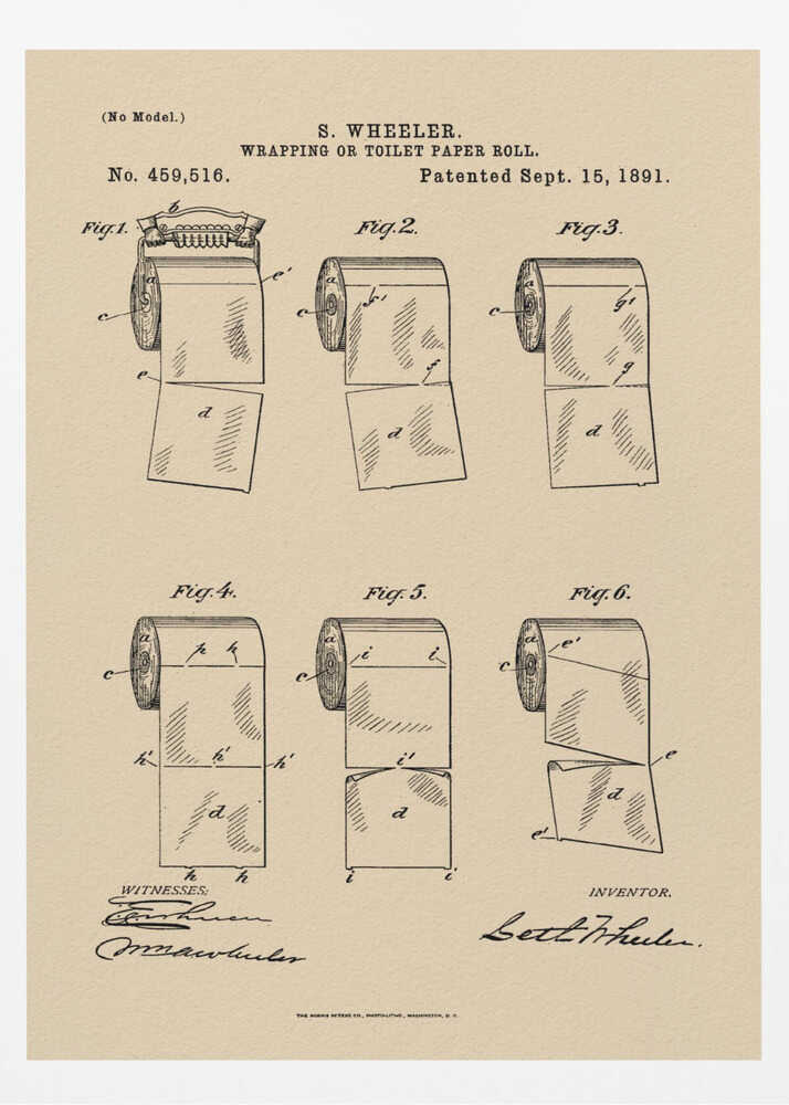 A framed vintage patent illustration from 1891 for S. Wheeler's 'Wrapping or Toilet Paper Roll'. The artwork displays six technical figures of the toilet paper roll on an aged paper background, complete with patent numbers, dates, and signatures. Decor