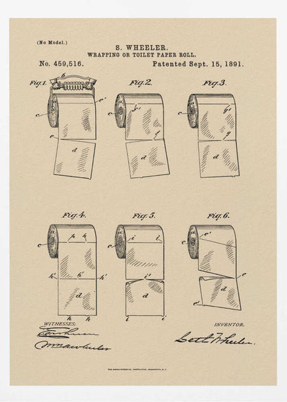 A framed vintage patent illustration from 1891 for S. Wheeler's 'Wrapping or Toilet Paper Roll'. The artwork displays six technical figures of the toilet paper roll on an aged paper background, complete with patent numbers, dates, and signatures. Decor