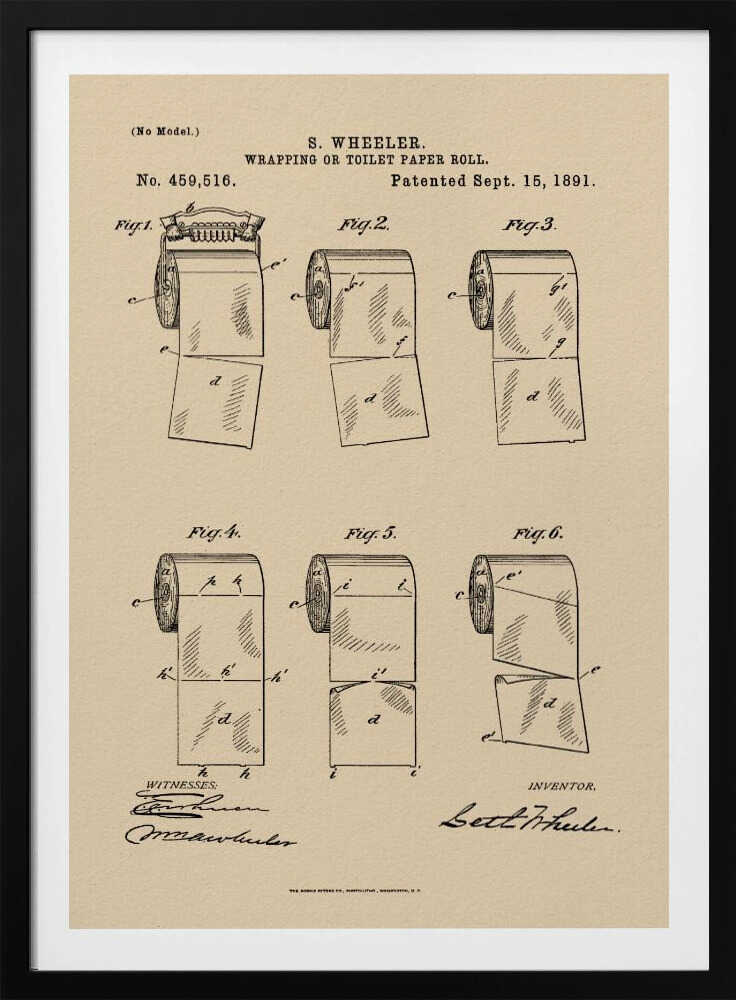 A framed vintage patent illustration from 1891 for S. Wheeler's 'Wrapping or Toilet Paper Roll'. The artwork displays six technical figures of the toilet paper roll on an aged paper background, complete with patent numbers, dates, and signatures. Decor