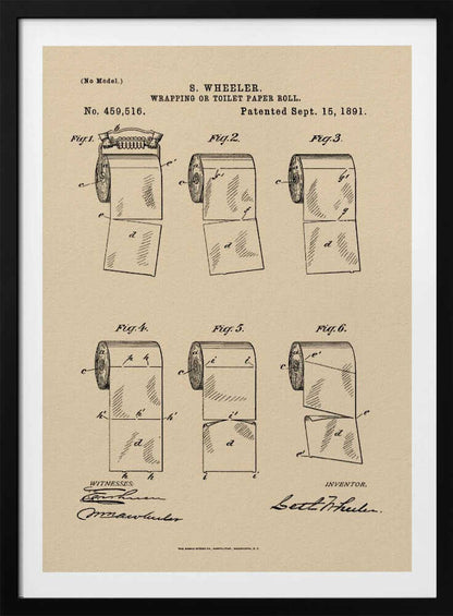 A framed vintage patent illustration from 1891 for S. Wheeler's 'Wrapping or Toilet Paper Roll'. The artwork displays six technical figures of the toilet paper roll on an aged paper background, complete with patent numbers, dates, and signatures. Decor