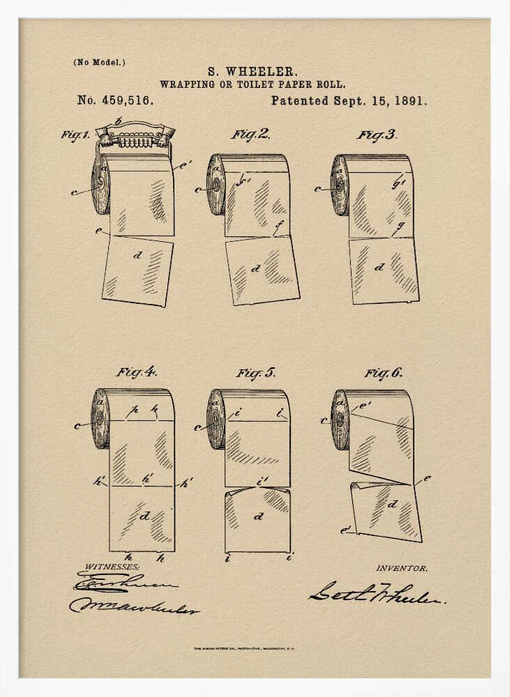 A framed vintage patent illustration from 1891 for S. Wheeler's 'Wrapping or Toilet Paper Roll'. The artwork displays six technical figures of the toilet paper roll on an aged paper background, complete with patent numbers, dates, and signatures. Decor