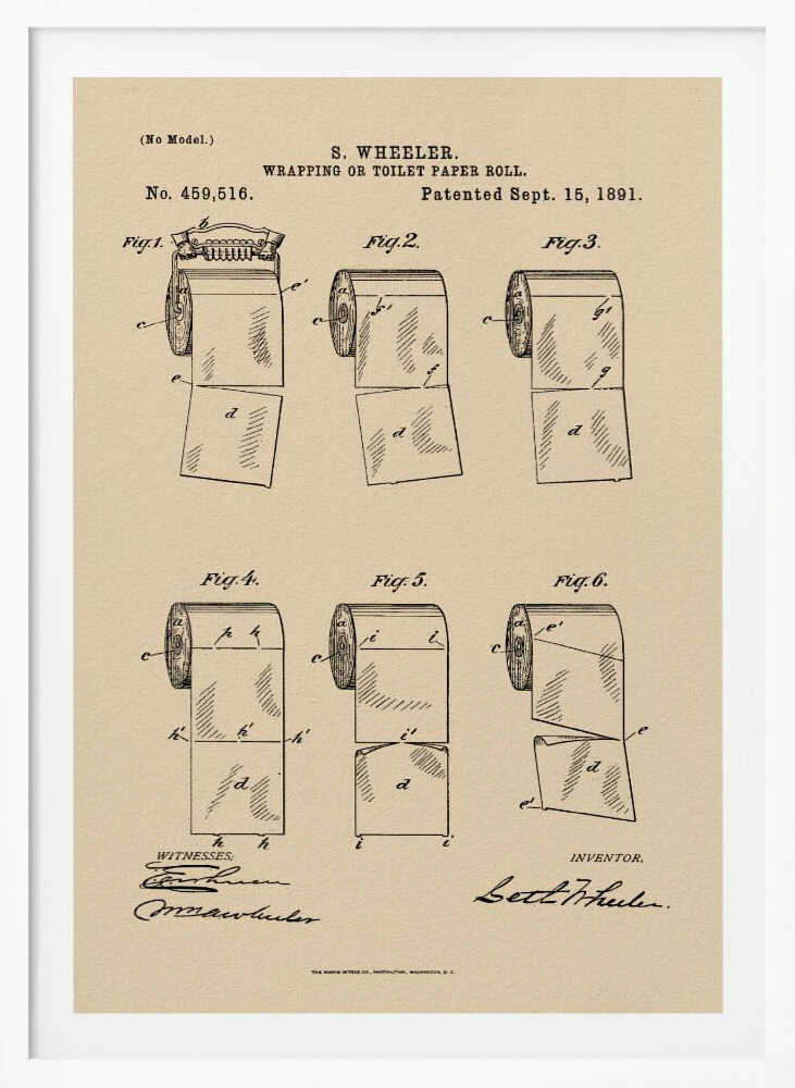 A framed vintage patent illustration from 1891 for S. Wheeler's 'Wrapping or Toilet Paper Roll'. The artwork displays six technical figures of the toilet paper roll on an aged paper background, complete with patent numbers, dates, and signatures. Decor