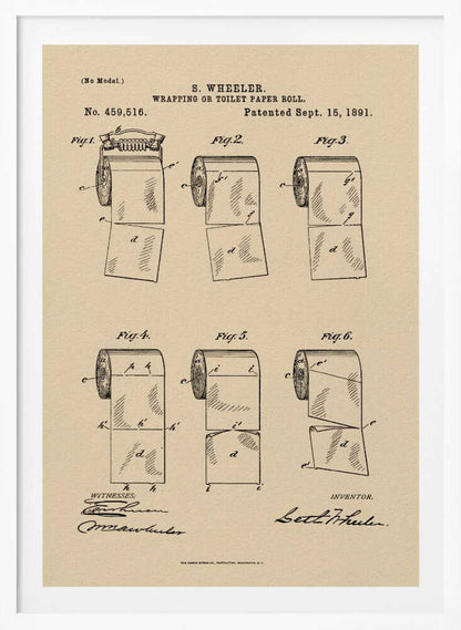 A framed vintage patent illustration from 1891 for S. Wheeler's 'Wrapping or Toilet Paper Roll'. The artwork displays six technical figures of the toilet paper roll on an aged paper background, complete with patent numbers, dates, and signatures. Decor