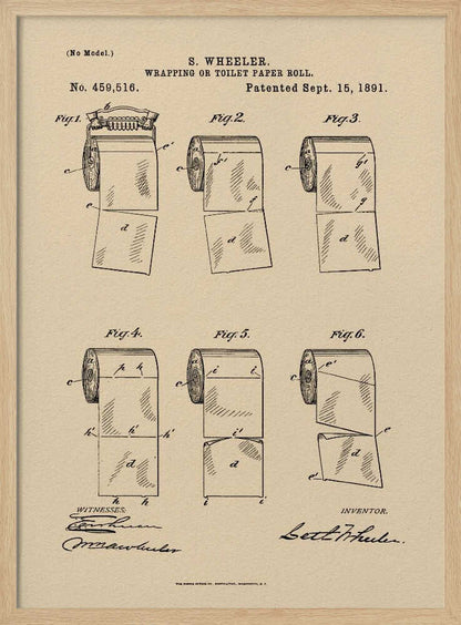 A framed vintage patent illustration from 1891 for S. Wheeler's 'Wrapping or Toilet Paper Roll'. The artwork displays six technical figures of the toilet paper roll on an aged paper background, complete with patent numbers, dates, and signatures. Decor