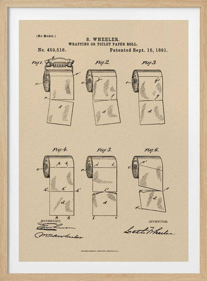 A framed vintage patent illustration from 1891 for S. Wheeler's 'Wrapping or Toilet Paper Roll'. The artwork displays six technical figures of the toilet paper roll on an aged paper background, complete with patent numbers, dates, and signatures. Decor