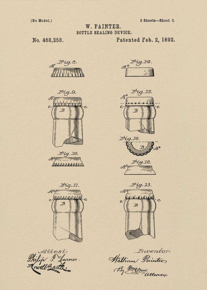 A framed vintage patent illustration for a 'Bottle Sealing Device' by W. Painter, dated 1892. The artwork, on aged beige paper, displays technical diagrams of the first bottle cap and bottle neck, complete with patent numbers, titles, and signatures. Wall Art