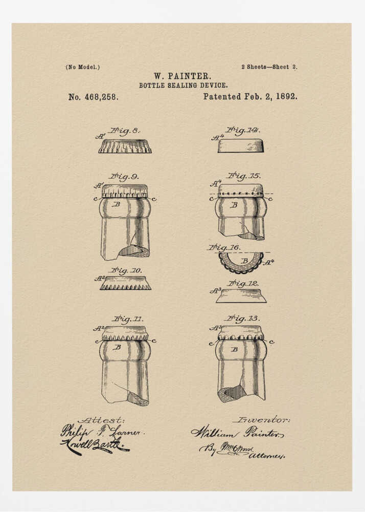 A framed vintage patent illustration for a 'Bottle Sealing Device' by W. Painter, dated 1892. The artwork, on aged beige paper, displays technical diagrams of the first bottle cap and bottle neck, complete with patent numbers, titles, and signatures. Wall Art