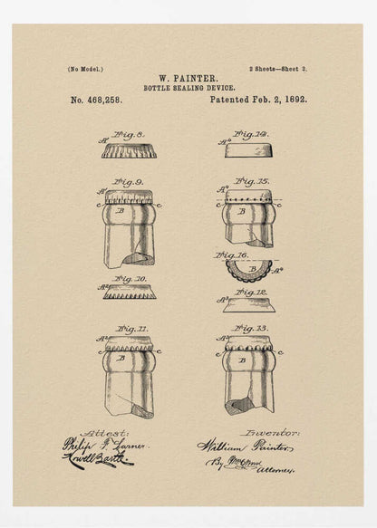 A framed vintage patent illustration for a 'Bottle Sealing Device' by W. Painter, dated 1892. The artwork, on aged beige paper, displays technical diagrams of the first bottle cap and bottle neck, complete with patent numbers, titles, and signatures. Wall Art