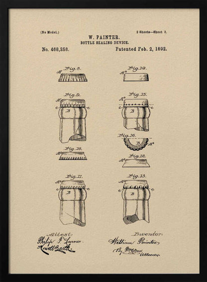 A framed vintage patent illustration for a 'Bottle Sealing Device' by W. Painter, dated 1892. The artwork, on aged beige paper, displays technical diagrams of the first bottle cap and bottle neck, complete with patent numbers, titles, and signatures. Wall Art