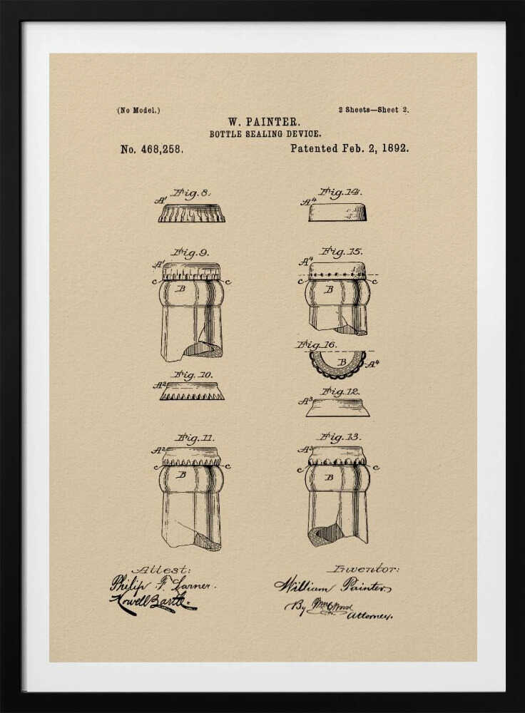A framed vintage patent illustration for a 'Bottle Sealing Device' by W. Painter, dated 1892. The artwork, on aged beige paper, displays technical diagrams of the first bottle cap and bottle neck, complete with patent numbers, titles, and signatures. Wall Art