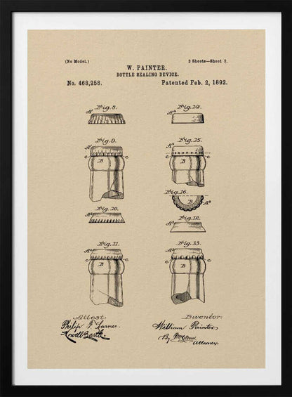 A framed vintage patent illustration for a 'Bottle Sealing Device' by W. Painter, dated 1892. The artwork, on aged beige paper, displays technical diagrams of the first bottle cap and bottle neck, complete with patent numbers, titles, and signatures. Wall Art