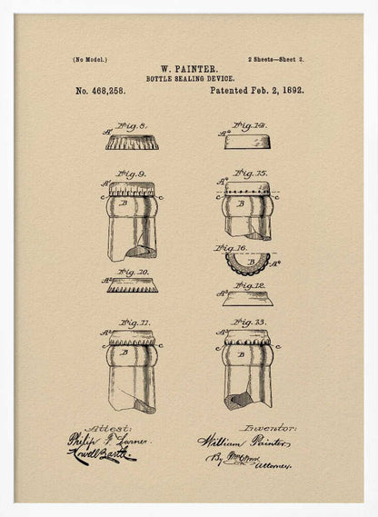 A framed vintage patent illustration for a 'Bottle Sealing Device' by W. Painter, dated 1892. The artwork, on aged beige paper, displays technical diagrams of the first bottle cap and bottle neck, complete with patent numbers, titles, and signatures. Wall Art