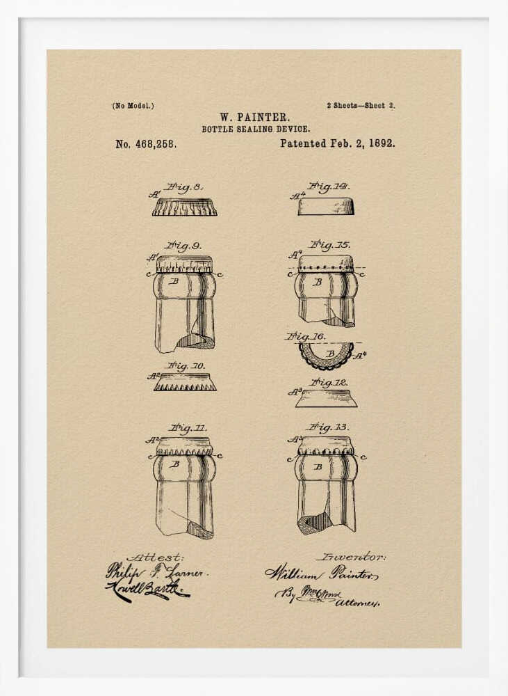 A framed vintage patent illustration for a 'Bottle Sealing Device' by W. Painter, dated 1892. The artwork, on aged beige paper, displays technical diagrams of the first bottle cap and bottle neck, complete with patent numbers, titles, and signatures. Wall Art
