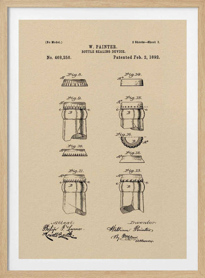 A framed vintage patent illustration for a 'Bottle Sealing Device' by W. Painter, dated 1892. The artwork, on aged beige paper, displays technical diagrams of the first bottle cap and bottle neck, complete with patent numbers, titles, and signatures. Wall Art