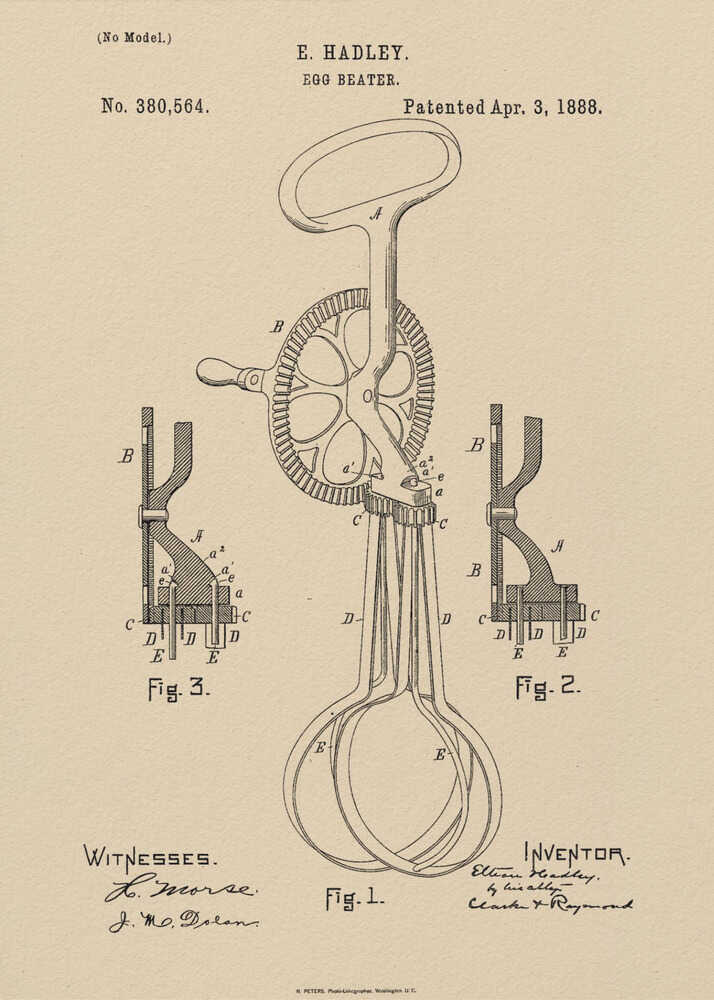 A framed vintage patent illustration for an E. Hadley egg beater, dated April 3, 1888. The technical drawing is in black ink on beige paper and shows multiple figures of the hand-cranked kitchen utensil. Poster