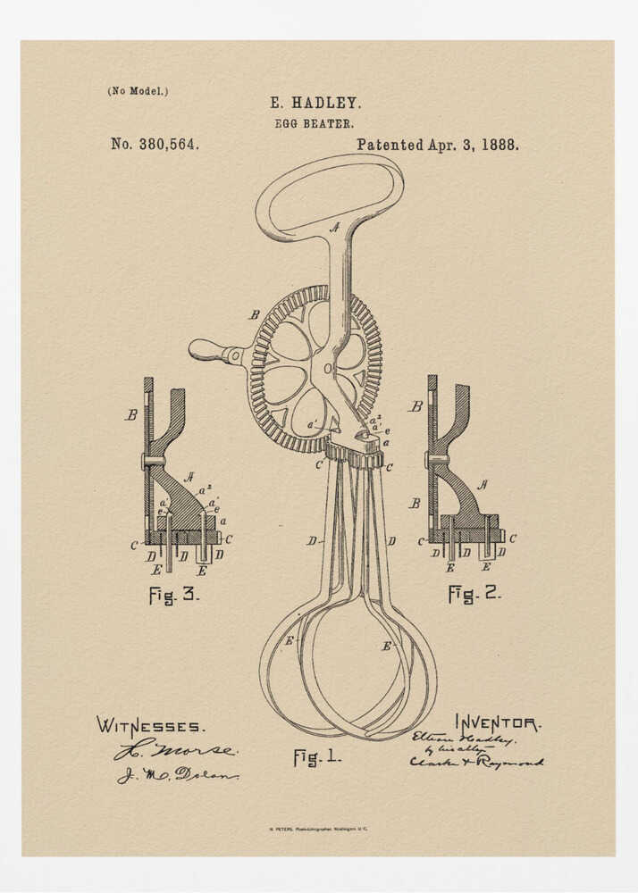 A framed vintage patent illustration for an E. Hadley egg beater, dated April 3, 1888. The technical drawing is in black ink on beige paper and shows multiple figures of the hand-cranked kitchen utensil. Poster