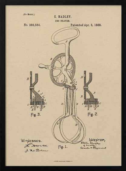 A framed vintage patent illustration for an E. Hadley egg beater, dated April 3, 1888. The technical drawing is in black ink on beige paper and shows multiple figures of the hand-cranked kitchen utensil. Poster