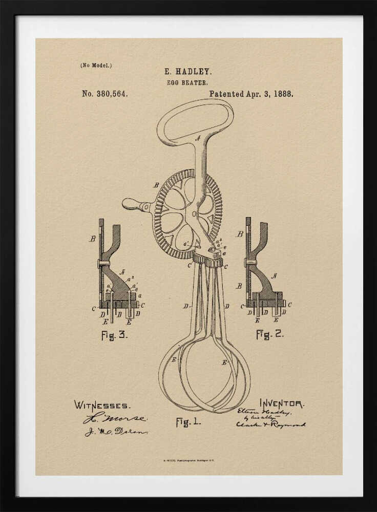 A framed vintage patent illustration for an E. Hadley egg beater, dated April 3, 1888. The technical drawing is in black ink on beige paper and shows multiple figures of the hand-cranked kitchen utensil. Poster