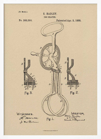 A framed vintage patent illustration for an E. Hadley egg beater, dated April 3, 1888. The technical drawing is in black ink on beige paper and shows multiple figures of the hand-cranked kitchen utensil. Poster