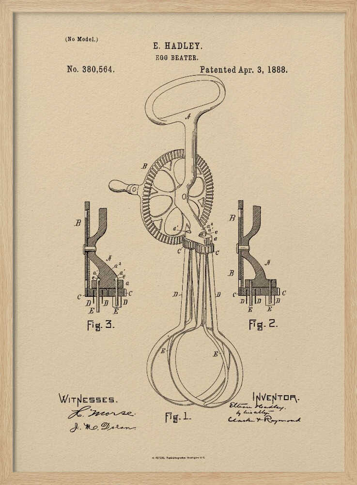 A framed vintage patent illustration for an E. Hadley egg beater, dated April 3, 1888. The technical drawing is in black ink on beige paper and shows multiple figures of the hand-cranked kitchen utensil. Poster
