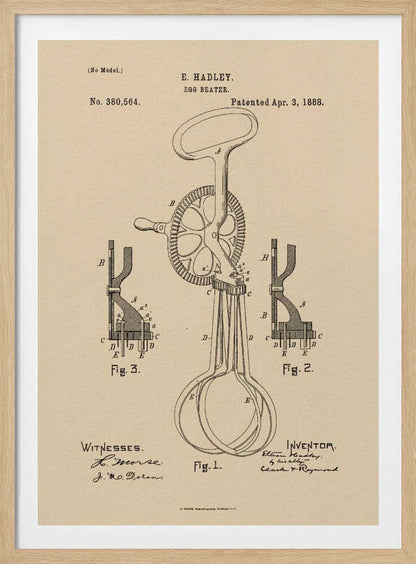 A framed vintage patent illustration for an E. Hadley egg beater, dated April 3, 1888. The technical drawing is in black ink on beige paper and shows multiple figures of the hand-cranked kitchen utensil. Poster